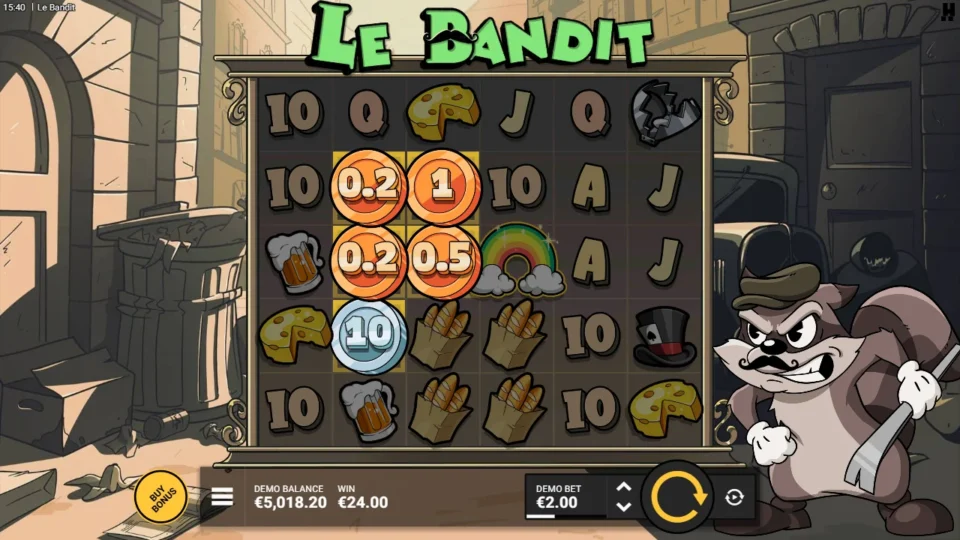 Le Bandit: A rainbow activates four bronze coins and a silver 10 on golden squares for a WIN of 24.00