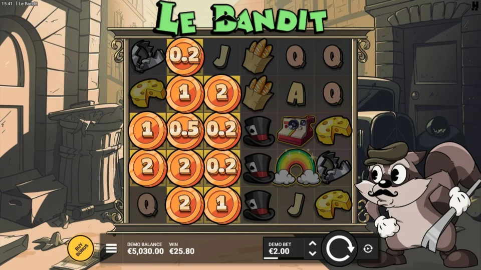 Le Bandit: Nine bronze coins light up the left reels under a rainbow and a polaroid, WIN 25.80