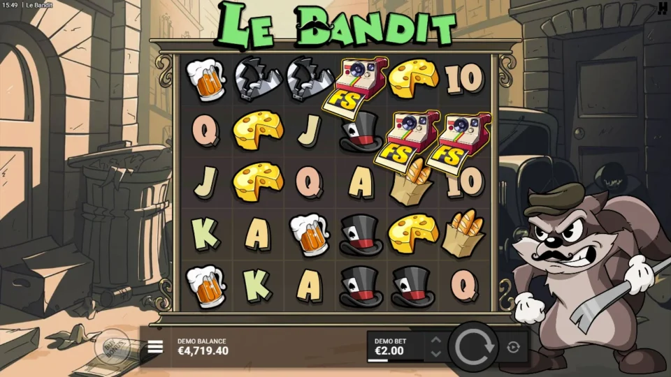 Le Bandit: Three polaroid scatters start the bought Luck of the Bandit bonus with 8 free spins