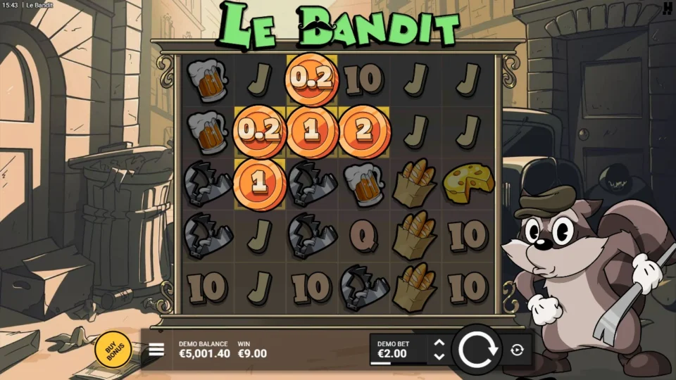 Le Bandit: Five bronze coins cluster on the second and third reels for a WIN of 9.00