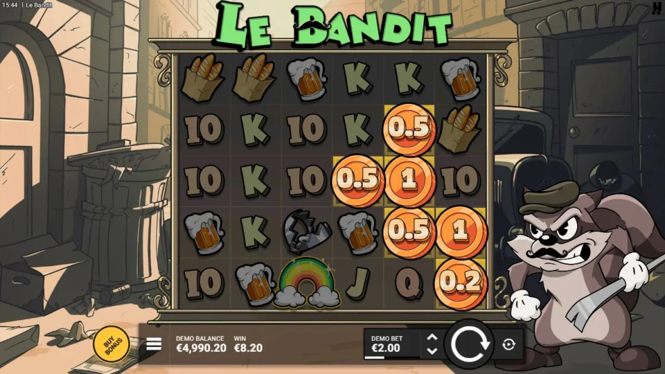 Le Bandit: Bronze coins on the right side of the grid pay 8.20 after a rainbow on reel three