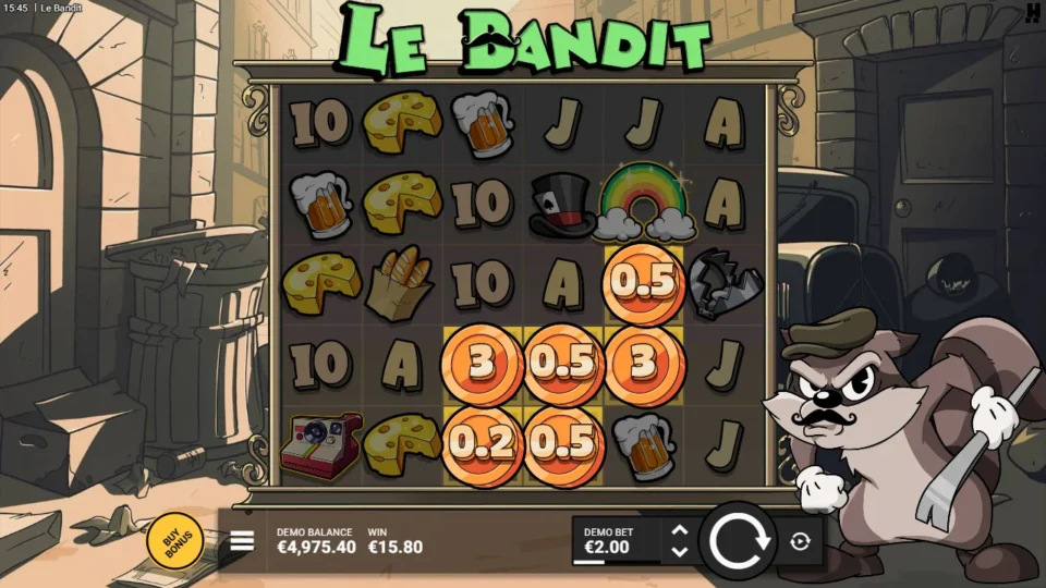 Le Bandit: Two coins worth 3 among six revealed coins bring a WIN of 15.80