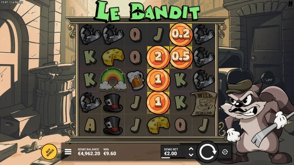 Le Bandit: A WILD REWARD scroll lands on reel six beside a column of coins worth 9.60