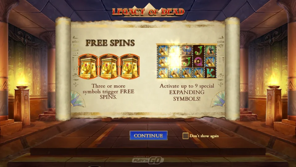 Legacy of Dead: The feature panel promises free spins from three Tombs and a stack of up to nine expanding symbols