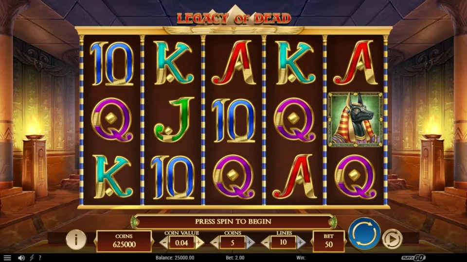 Legacy of Dead: The five-by-three field at a DEMO 2.00 bet before the first spin, balance DEMO 25,000.00