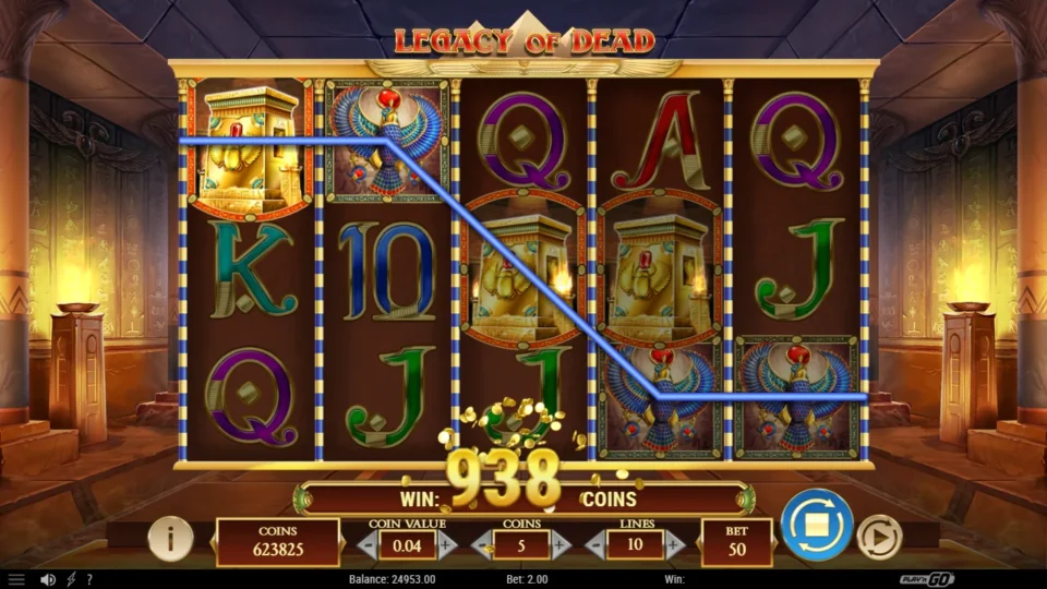 Legacy of Dead: Three Golden Tombs land on reels one, three and four with Horus beside them as the counter passes 938 coins