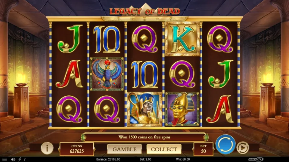 Legacy of Dead: Free spins result: 1,500 coins after one retrigger, DEMO 60.00 waiting on GAMBLE or COLLECT