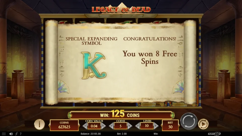 Legacy of Dead: The scroll announces eight free spins while its symbol panel is still cycling; the trigger itself paid 125 coins