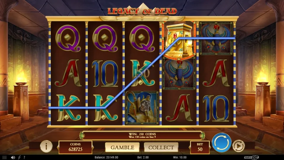 Legacy of Dead: Four Kings, the fourth a Tomb Wild, pay 150 coins on line 9 inside a 250-coin spin, DEMO 10.00