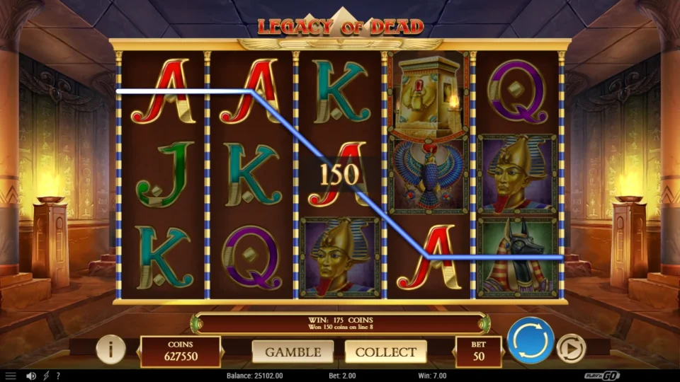 Legacy of Dead: Four Aces along line 8 return 150 coins of a 175-coin spin, DEMO 7.00