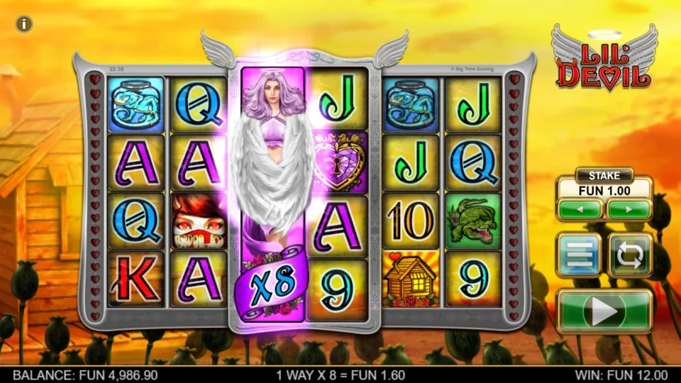 Lil' Devil: A three-reel way through the reel-3 Angel pays FUN 1.60 at x8, part of a FUN 12.00 round.