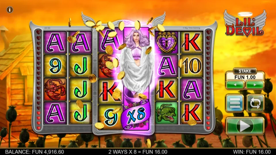 Lil' Devil: An x8 Angel on reel 4 completes two six-reel Ace ways, with FUN 16.00 shown in the settled win field.