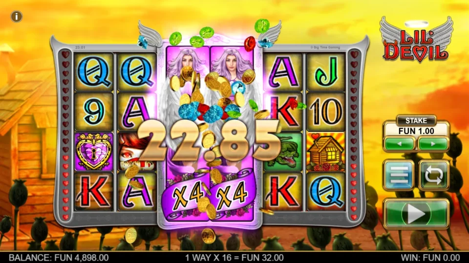 Lil' Devil: The two central Angels each show x4, multiplying together to x16; the displayed Purple Heart way pays FUN 32.00 during the win count-up.