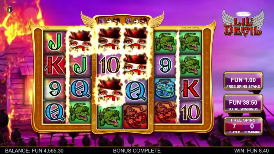Lil' Devil: The settled result is FUN 38.50 after seven free spins, including FUN 0.50 from the trigger; no sticky column filled.