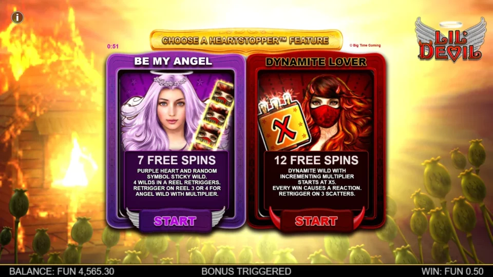Lil' Devil: The Heartstopper menu offers seven Be My Angel spins with two sticky symbols, or twelve Dynamite Lover spins starting at x5.