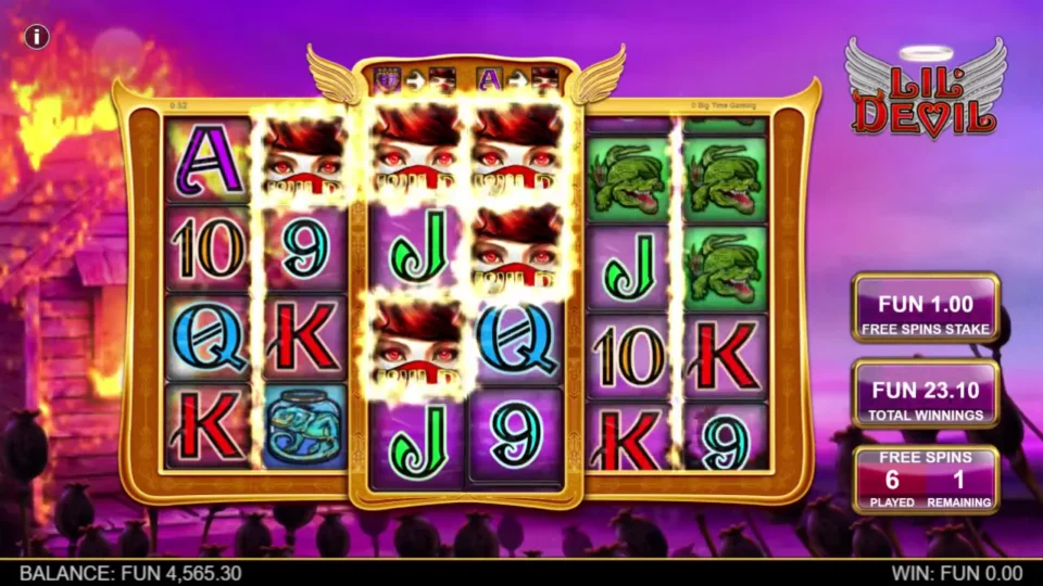 Lil' Devil: Five Wild positions remain fixed across reels 2 to 4, with six spins played, one remaining and FUN 23.10 on the total meter.