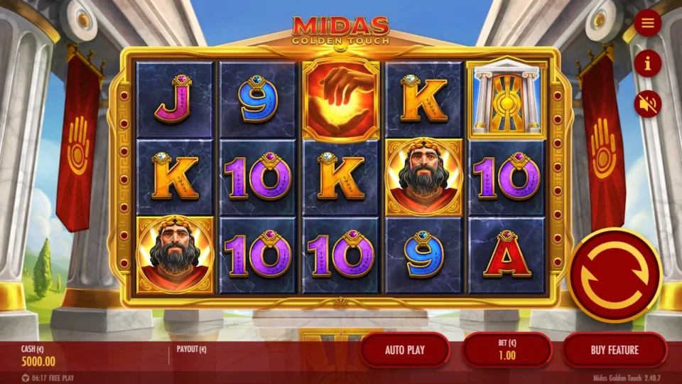 Midas Golden Touch – Reborn: A Golden Hand waits on reel three and a temple Scatter on reel five before the first spin, bet set to EUR 1.00