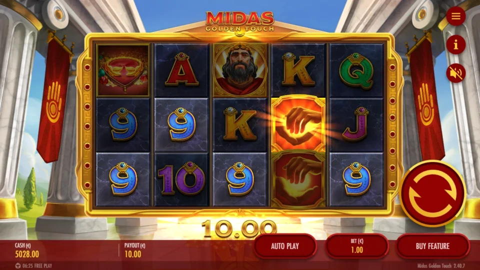 Midas Golden Touch – Reborn: Two Golden Hands stacked on reel four lift the screen to EUR 10.00