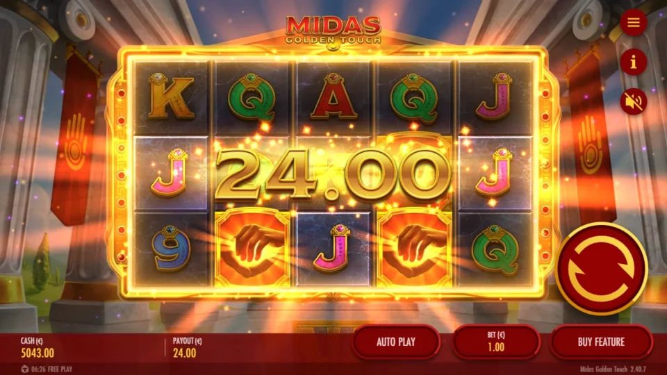 Midas Golden Touch – Reborn: A EUR 24.00 win lights up with Golden Hands on reels two and four of the bottom row