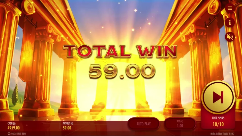 Midas Golden Touch – Reborn: A EUR 80.00 purchase closes at EUR 59.00 under TOTAL WIN after its ten spins