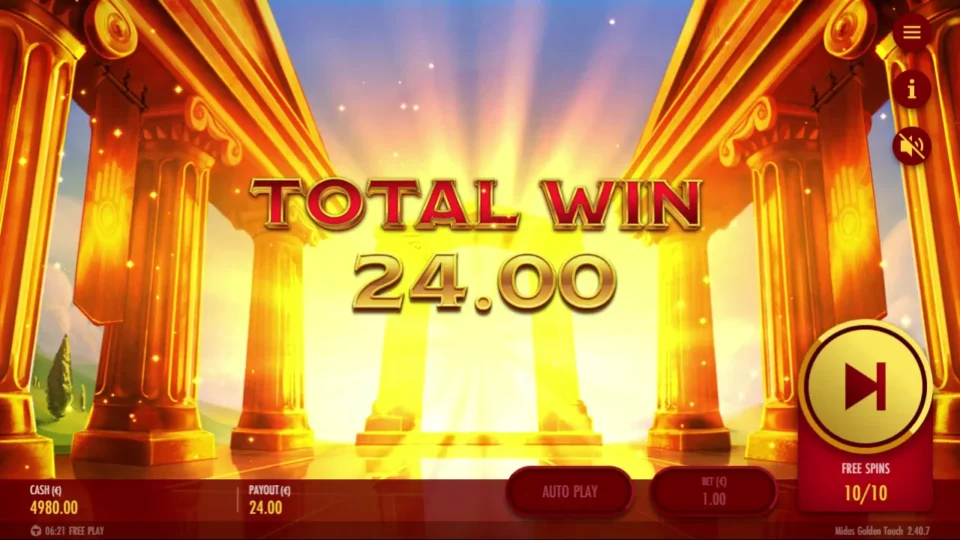 Midas Golden Touch – Reborn: The natural bonus result reads EUR 24.00 under TOTAL WIN with all ten spins played