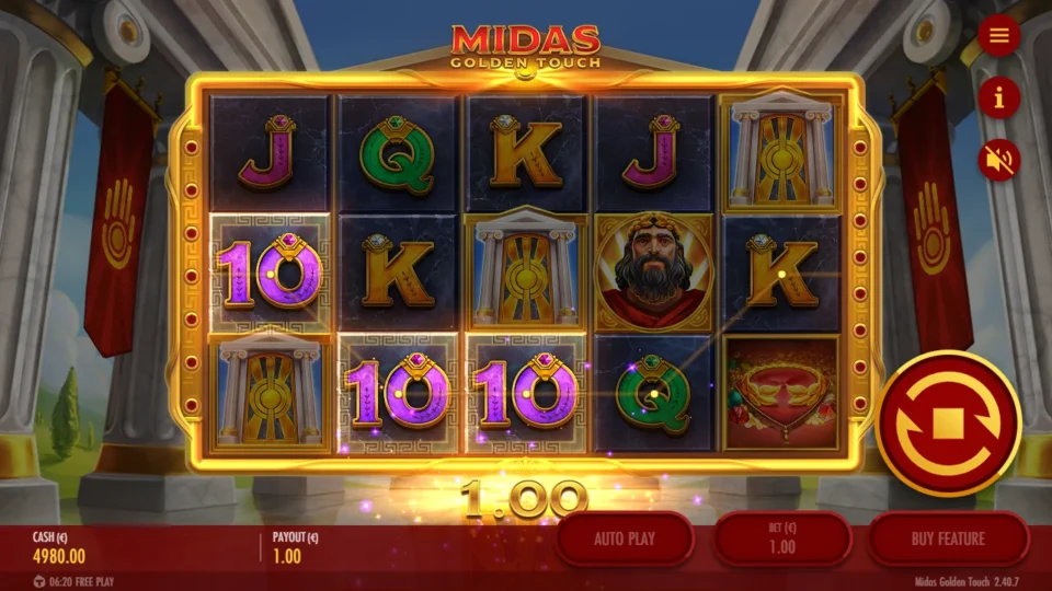 Midas Golden Touch – Reborn: Three temples on reels one, three and five open ten free spins while a line of Tens pays EUR 1.00