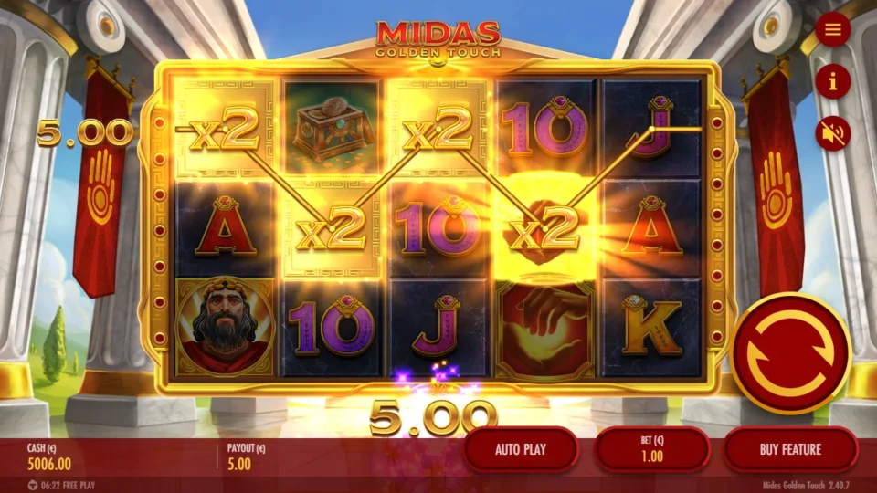 Midas Golden Touch – Reborn: Four Golden Hands tagged x2 run from reel one to reel four beside a Jack, and the screen pays EUR 5.00