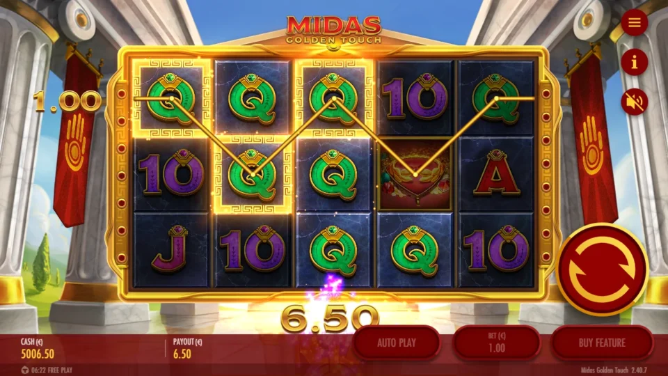 Midas Golden Touch – Reborn: Queens on every reel pay EUR 6.50 across the highlighted lines