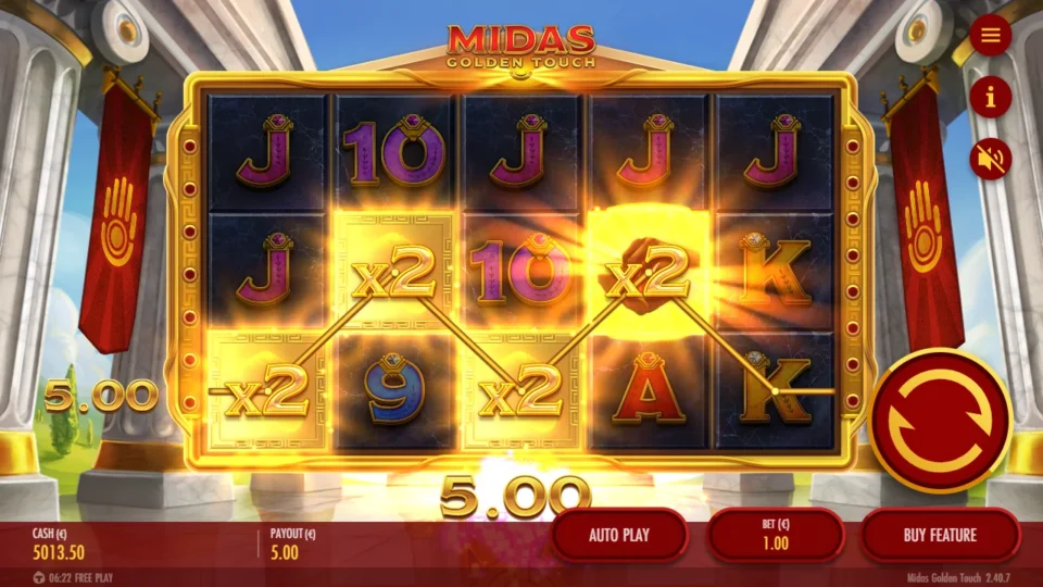 Midas Golden Touch – Reborn: Golden Hands fill the bottom row from reel one to reel four, each marked x2, for EUR 4.00