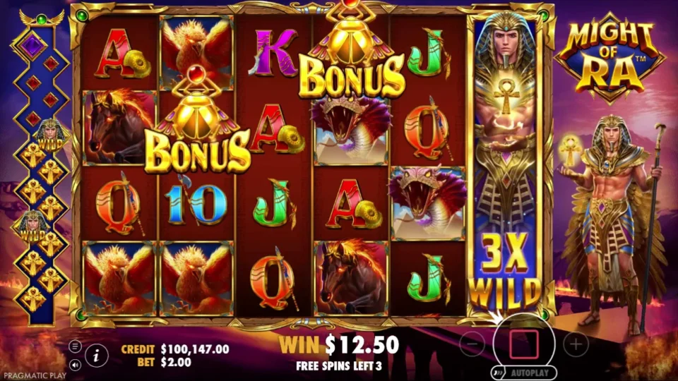 Might of Ra: Two Scarabs land on reels 2 and 4 beside a 3x Wild on reel 6