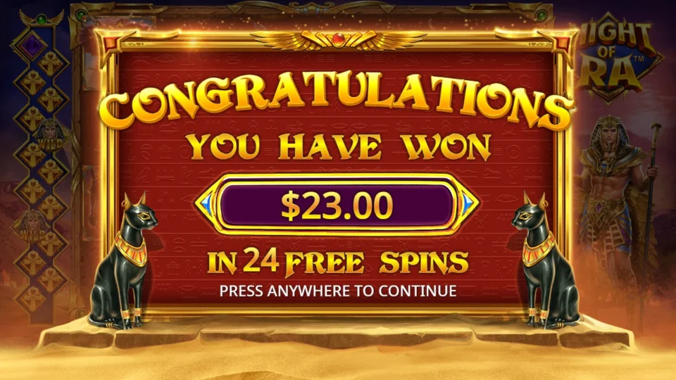 Might of Ra: The 24-spin bonus closes with USD 23 on its result screen