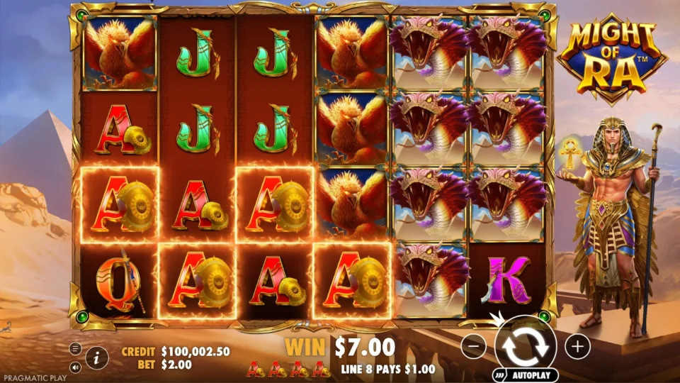 Might of Ra: Four Aces on line 8 pay USD 1 within a USD 7 base win