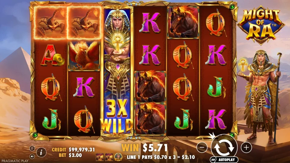 Might of Ra: An expanded Ra on reel 3 triples line 1 from USD 0.70 to USD 2.10