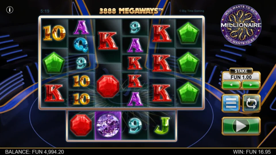 Millionaire: Four reactions finish at FUN 16.95, leaving a 3,888-Megaways field with several kings on reel five