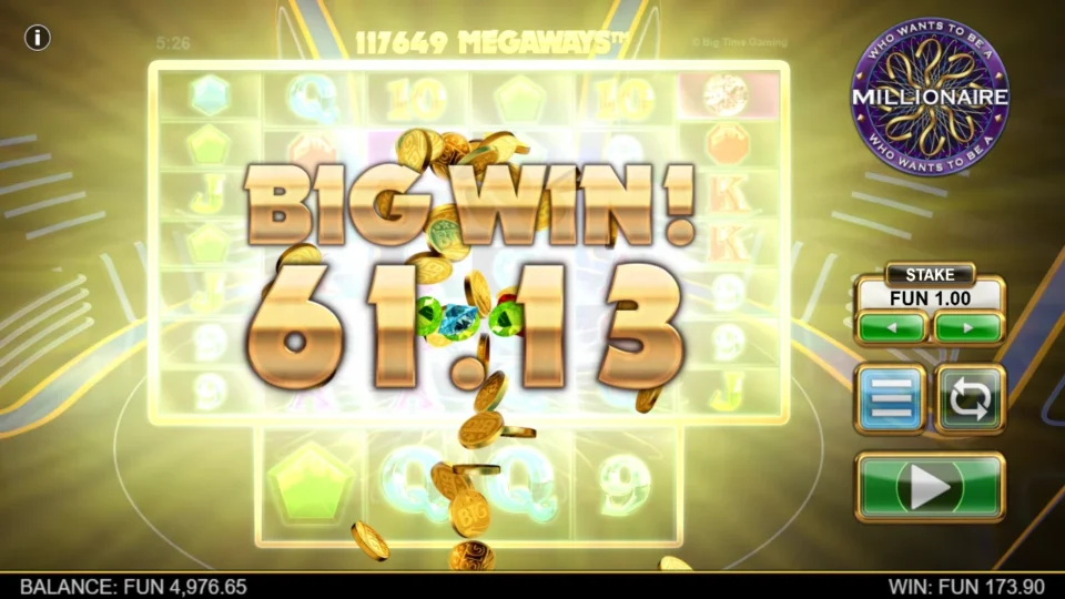 Millionaire: The Big Win count-up passes FUN 61.13 on a 117,649-Megaways field while the HUD shows the FUN 173.90 round total
