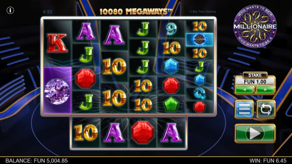 Millionaire: The round finishes at FUN 6.45 with 10,080 Megaways and a Scatter on the last reel