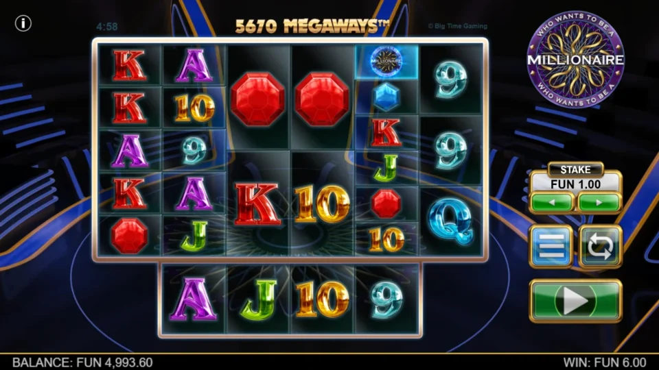Millionaire: Large rubies occupy the middle reels on a 5,670-Megaways field after a FUN 6 round