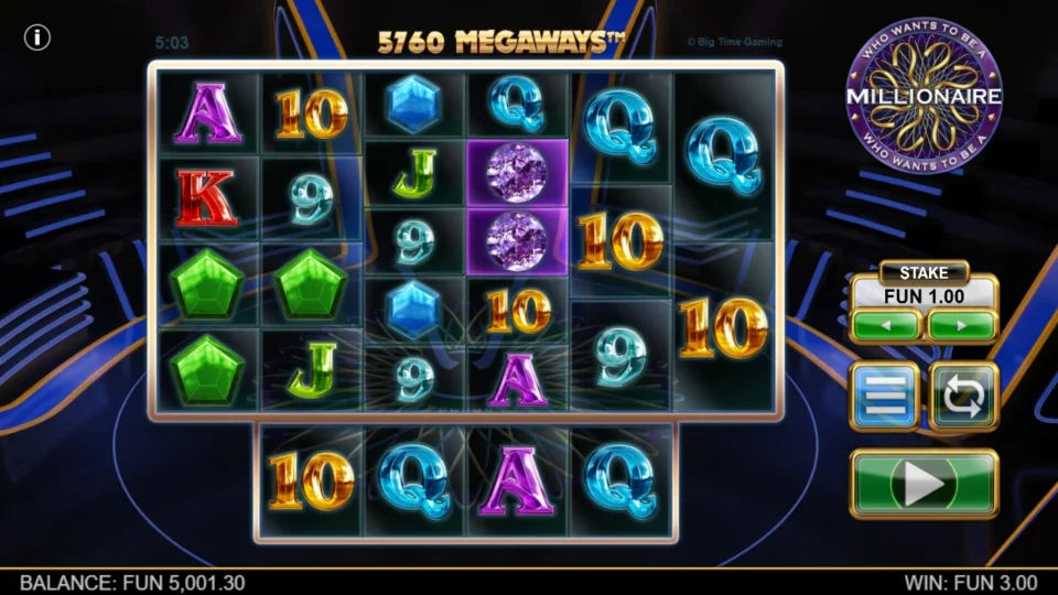 Millionaire: Two diamonds remain on the fourth reel after a FUN 3 result with 5,760 Megaways