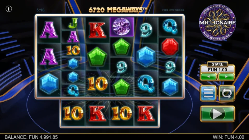 Millionaire: A narrow fourth reel sits between taller columns on the 6,720-Megaways field, with FUN 4 won