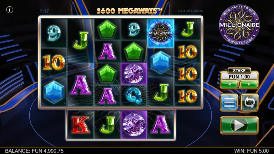 Millionaire: A tall Scatter symbol remains on reel five when the 3,600-Megaways round finishes at FUN 5