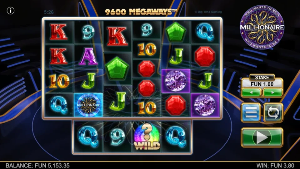 Millionaire: A Wild occupies the extra-reel position beneath reel four, with 9,600 Megaways and a FUN 3.80 result