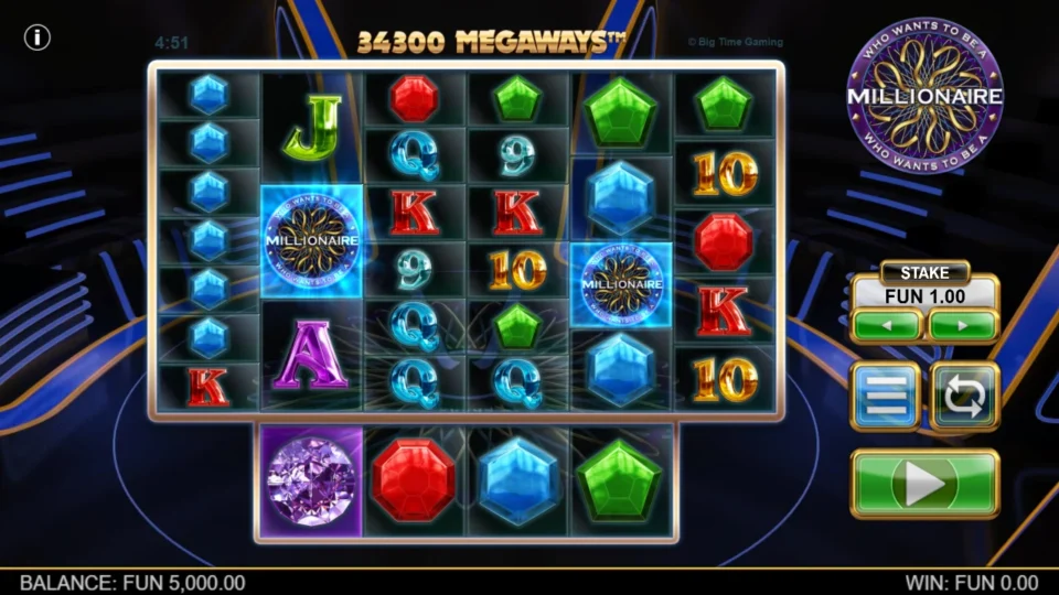 Millionaire: The opening field shows 34,300 Megaways, two Scatter logos and a FUN 1 stake