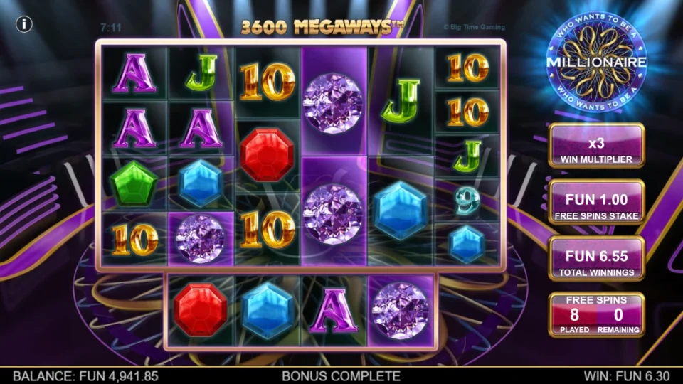 Millionaire: All eight free spins finish at FUN 6.55; the counter shows 3x after the final payout at 2x