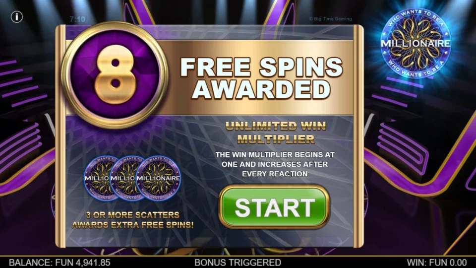 Millionaire: After Walk Away, eight free spins start with a growing win multiplier and extra Scatter awards