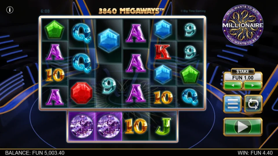 Millionaire: Two diamonds occupy the extra reel beneath columns two and three after a FUN 4.40 round