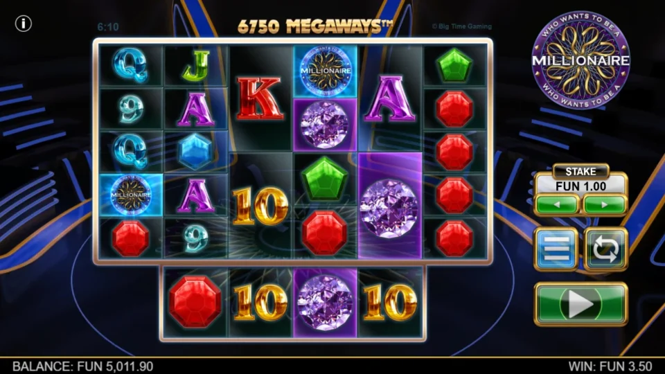 Millionaire: Two Scatters remain on reels one and four after a FUN 3.50 round with 6,750 Megaways