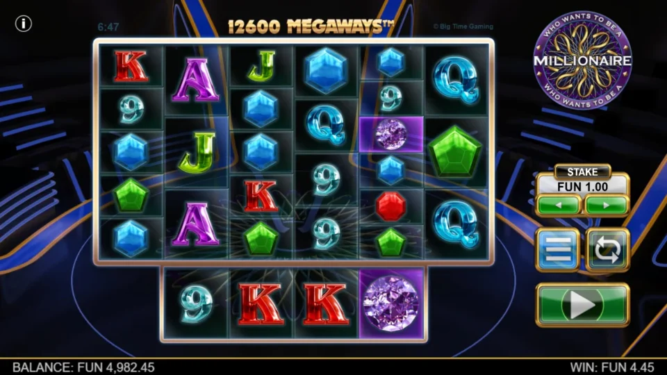 Millionaire: Diamonds appear on the last main reel and the extra reel after a FUN 4.45 round with 12,600 Megaways