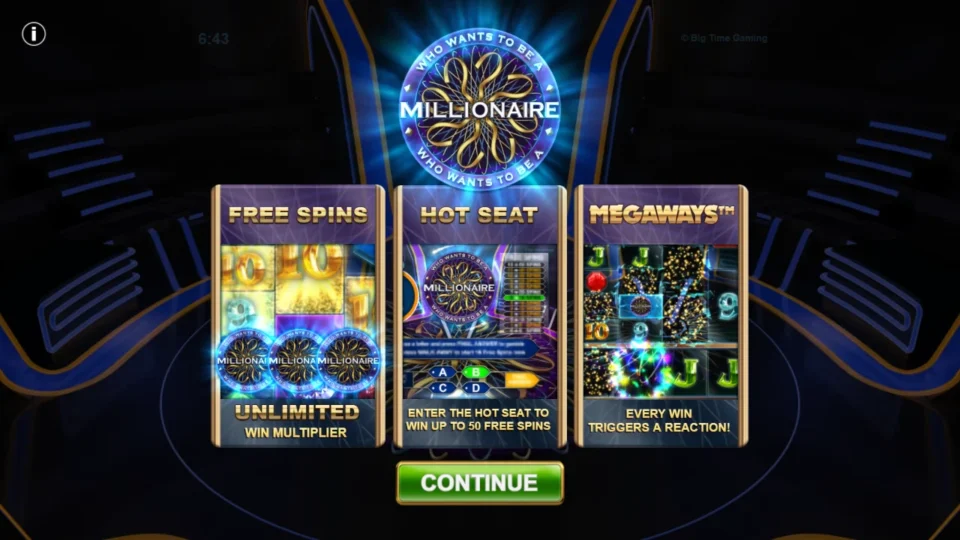 Millionaire: Three presentation cards introduce growing win multipliers, Hot Seat and reacting wins