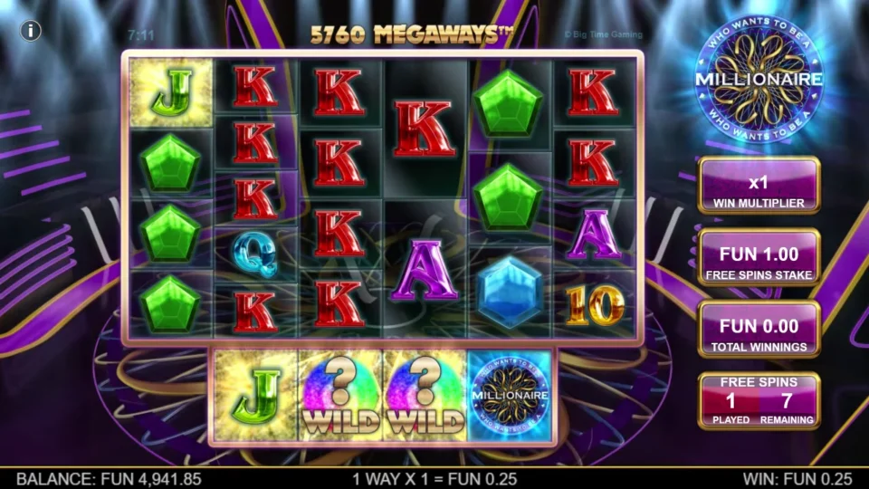 Millionaire: The first free spin pays FUN 0.25 at 1x, with two Wilds completing the highlighted Jack combination