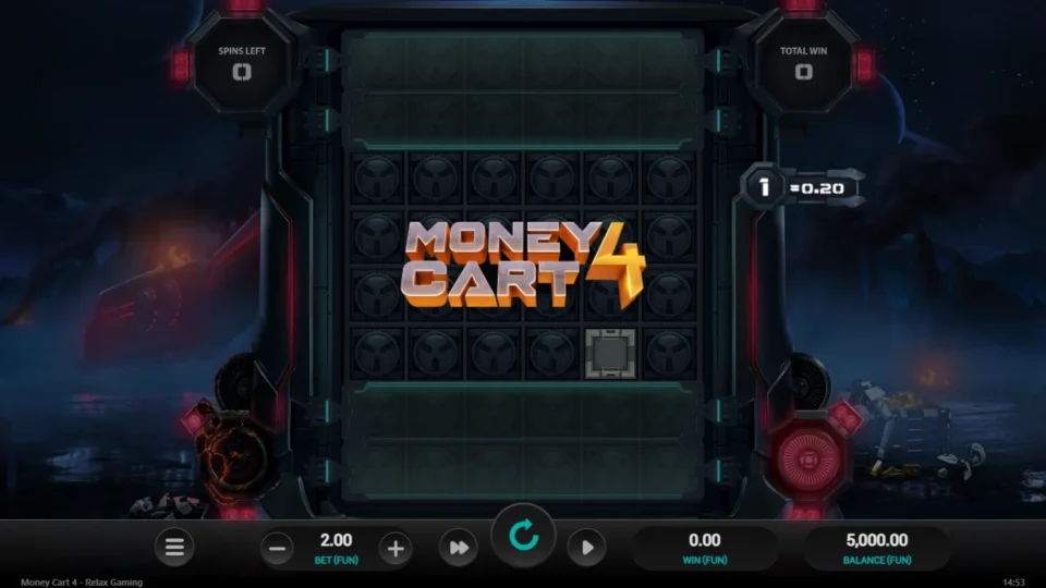 Money Cart 4: Empty six-column board under the game logo before any coin lands, the 1 = 0.20 indicator on the right